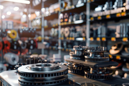3d rendered car components brake disk, oil filter, and belt pulleys in an industrial store setting