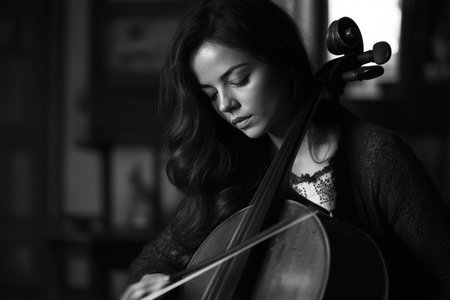 Engaged adult cellist delivering a captivating and passionate musical performance on stageの素材