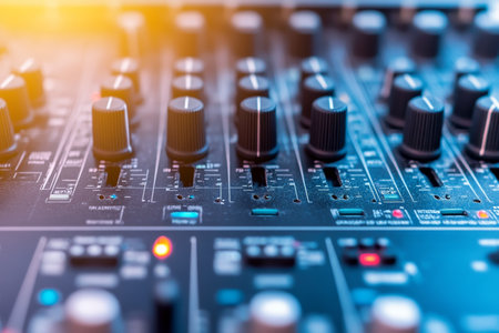 Captivating image of a professional sound board in a modern recording studio environmentの写真素材
