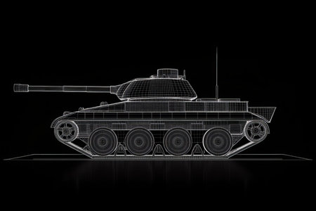 Minimalistic side view wireframe of a classic tank with mechanical details on black background