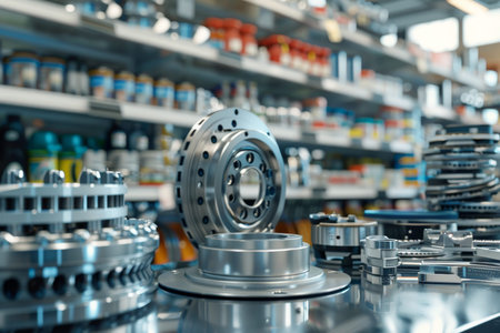 3d visualization of automotive components brake disks, oil filters, and pulleys in a store setting