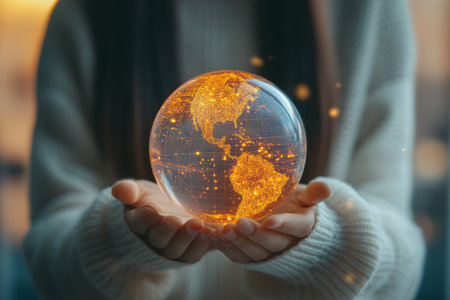 Woman holding a glowing earth globe in her hands. Global business conceptの写真素材