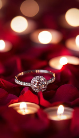 Elegant diamond ring adorned with soft rose petals and glowing candles for romantic momentsの写真素材