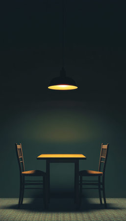 A cozy dining space with two chairs under warm ceiling light, set against a simple dark background