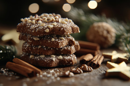 Festive holiday cookies with nuts and cinnamon displayed on a rustic wooden table settingの写真素材