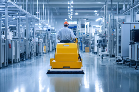 Worker operating industrial floor cleaning machine in a pristine facility environment