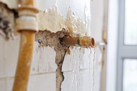 Close up of a damaged pipe causing water damage on a wall during home renovation and repairの写真素材