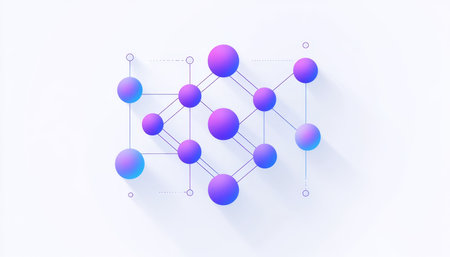 Abstract neural network graphic featuring blue and purple spheres on a clean white backgroundの写真素材