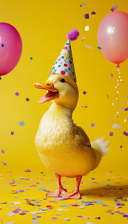 Joyful duck in a party hat surrounded by balloons and confetti on a solid backgroundの写真素材