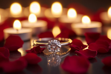 Elegant diamond ring nestled among delicate rose petals and soft candlelight for romance