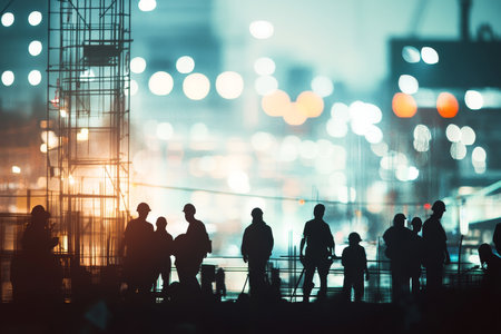Silhouetted engineers and construction team collaborating on site with blurred backgroundの写真素材