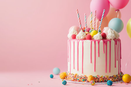 Vibrant birthday cake adorned with colorful candies and balloons on a bright pink backdropの写真素材