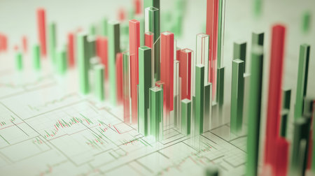 Stock market candlestick chart with red and green candles on white background in flat styleの写真素材