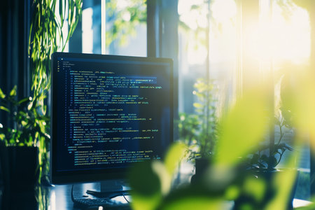 Engaging close up of code on screen surrounded by a welcoming office with natural light and greeneryの写真素材