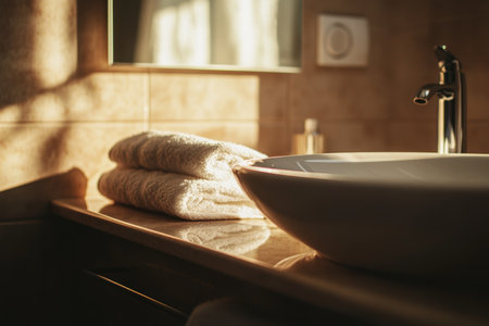A neat bathroom sink positioned under a mirror, accompanied by a towel for convenience nearby.の写真素材