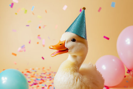 Joyful duck wearing party hat surrounded by balloons and confetti on a solid backgroundの写真素材