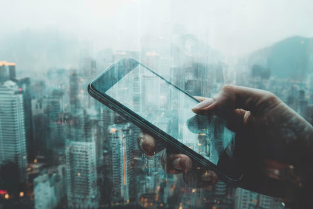 Double exposure of business communication network technology with smartphones in urban landscape