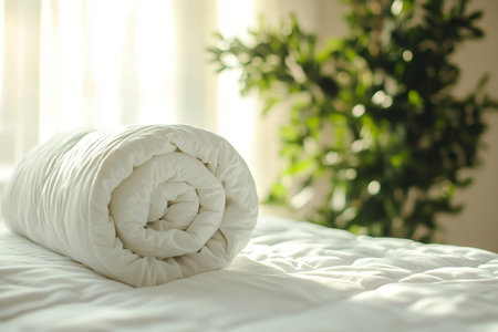 Rolled white duvet on a white surface with a blurred green plant in the backgroundの写真素材