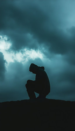 Lonely silhouette under dark clouds an illustration of sadness and depression conceptの写真素材