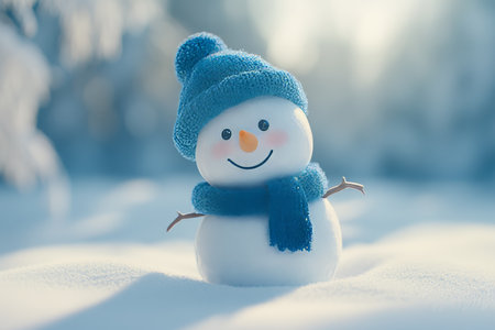 Charming snowman in blue hat and scarf smiling in snowy landscape with soft lighting effectsの写真素材