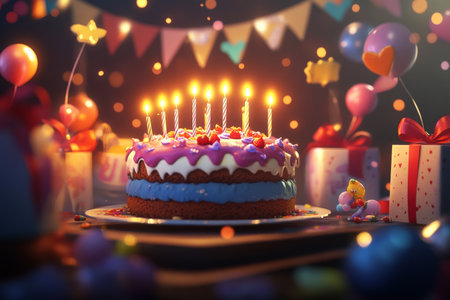 Vibrant birthday wallpapers and greeting cards featuring 3d cake illustrations and festive giftsの写真素材