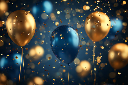 Vibrant festive background with golden and blue balloons, falling confetti, and bokeh lightsの写真素材
