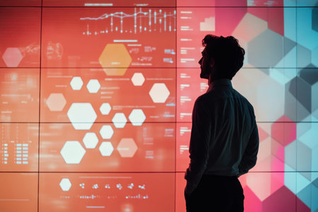 Business professional analyzes market trends using ai on interactive digital display with graphsのeditorial素材