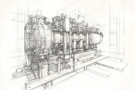 Comprehensive technical drawing illustration of industrial plant machinery and equipment designの写真素材