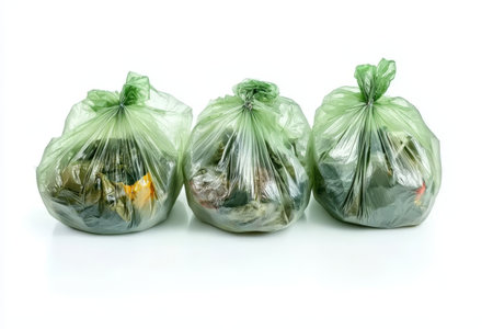 Collection of plastic isolated garbage bags on a white background for environmental awarenessの写真素材