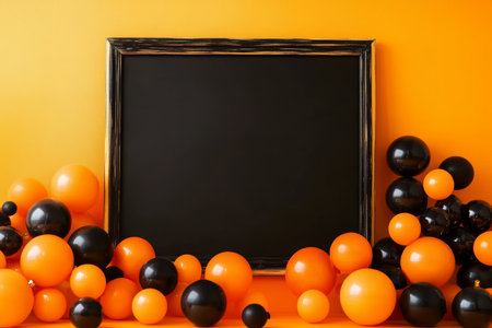 Elegant holiday decoration featuring black and orange airballs on an orange wall backgroundの写真素材