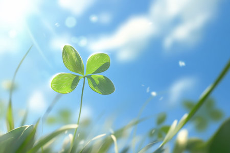 Clover leaf against a softly blurred blue sky creating a serene and natural atmosphere