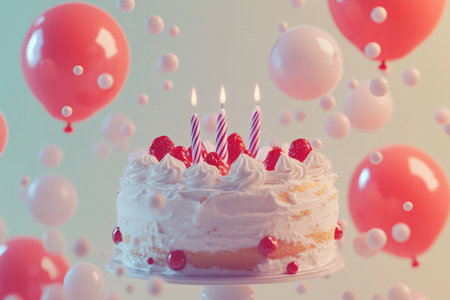Vibrant birthday cake adorned with colorful balloons, perfect for a joyful celebration partyの写真素材