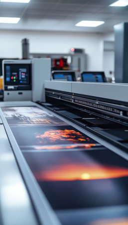 Advanced wide format printing machine in contemporary office creating premium banners and printsの写真素材
