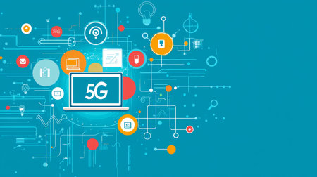 Innovative 5g technology banner featuring laptop and digital icons on a blue background