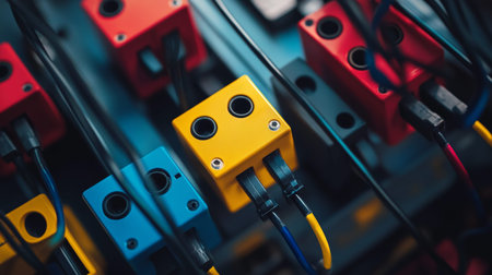 Close up of colorful electrical outlets in industrial setting with detailed wiring connections