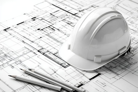 Construction site close up hard hat, blueprints, and engineering drawings highlighting planning