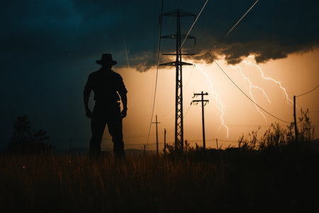 Silhouetted power lineman against high voltage lines and striking lightning in the backgroundの写真素材