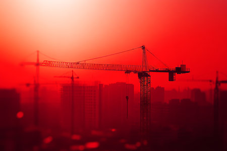 Vibrant red gradient background with blurry construction site and city skyline in modern styleの写真素材