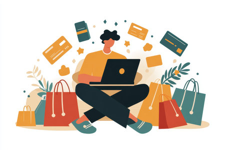 Flat design illustration of online shopping with laptop, bags, cards, and product icons