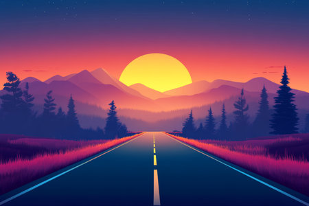 Scenic roadway to majestic mountains at sunset with lush trees vector illustrationの写真素材