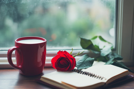 A cozy valentine's day scene red coffee cup, open notebook, and blooming rose by the windowの写真素材