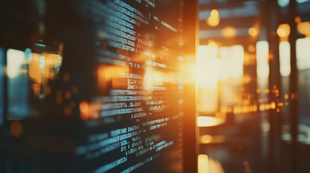 Close up of computer code on screen with sunlit office background highlighting software developmentの写真素材