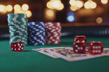 Exciting online casino experience with poker, dice, chips, and smartphone on a green tableの写真素材