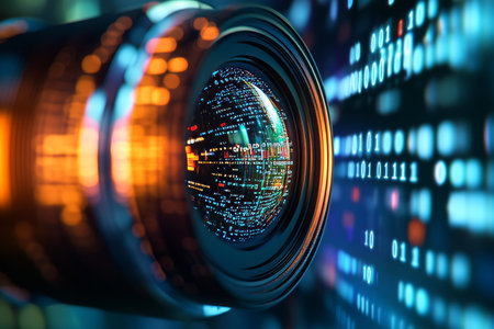 Exploring digital convergence a lens reflecting the fusion of technology and visual mediaの写真素材