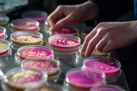 Microbiologist conducting bacterial cultivation in petri dishes for scientific research purposes