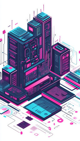 Vector style visuals illustrating digital library software applications and data trends model