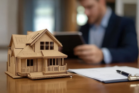 Real estate agent engaged in market discussion with ipad and cardboard model house on deskの写真素材