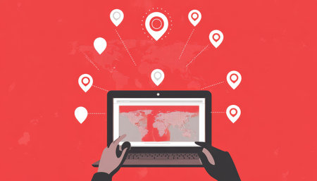 Digital connectivity and global networking illustrated with laptop, map pins, and lithographic logo