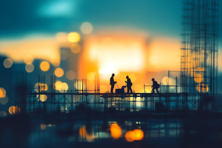 Silhouettes of engineers and construction teams working together at a site with a blurred backgroundの写真素材