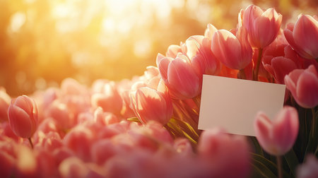 Delicate pink tulips on table with empty white card, sunlit bokeh background and soft focusの写真素材